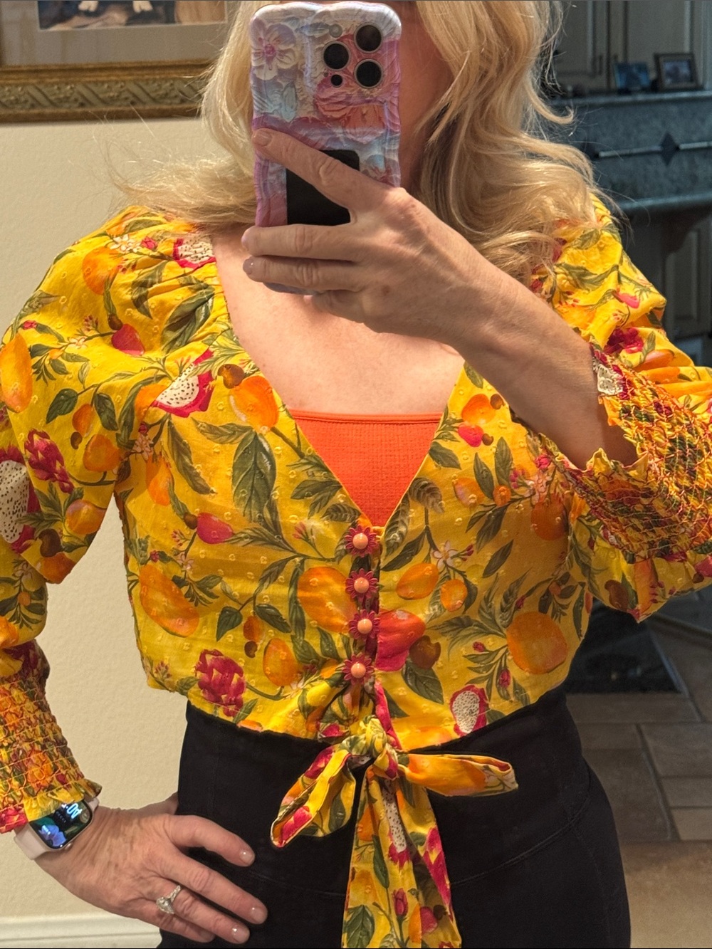 FARM Rio Yellow Tropical Tie-Front Crop Top with Orange Trim - Picture 11 of 11